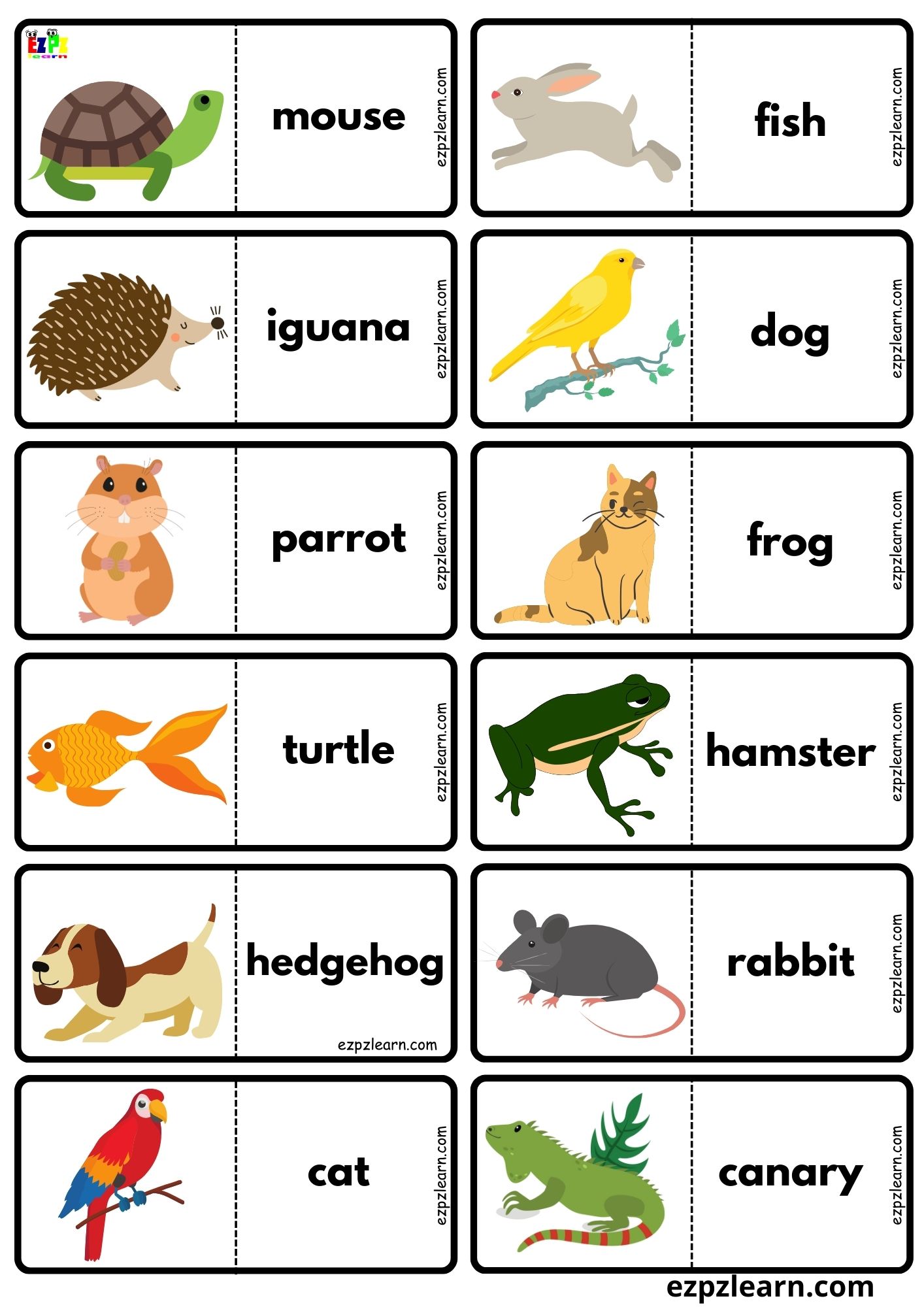 Pets Vocabulary Dominoes Matching Game for Kids and English Language Learners Free PDF Download 